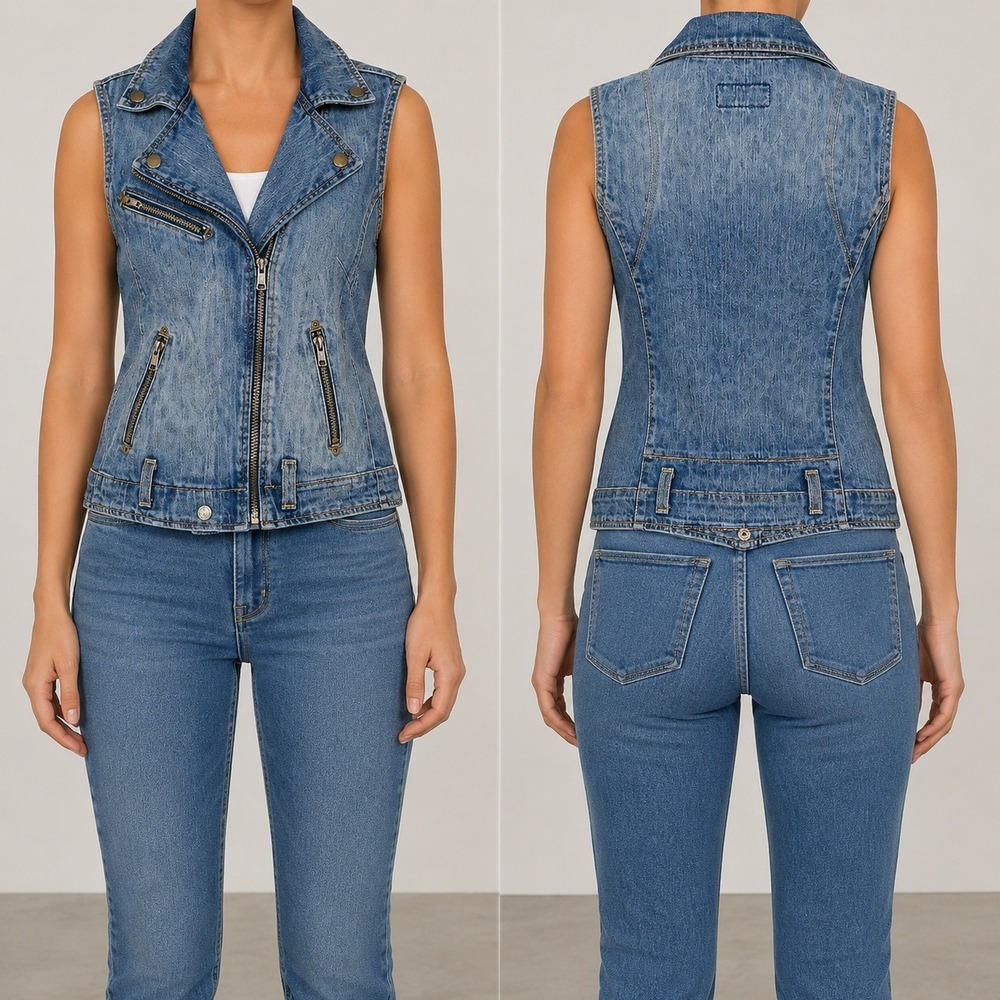 Current/Elliott Sleeveless Moto Denim Vest Women 1 Leopard Print Biker Jacket